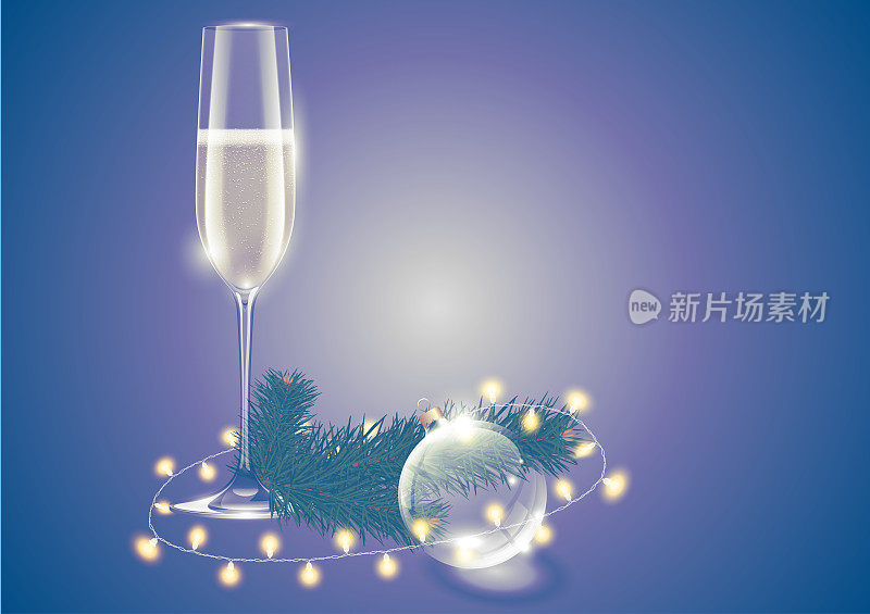香槟满酒杯，透明玻璃圣诞球玩具，彩灯和冷杉树枝。紫色复古背景上的冬日假日卡片。柔光矢量图