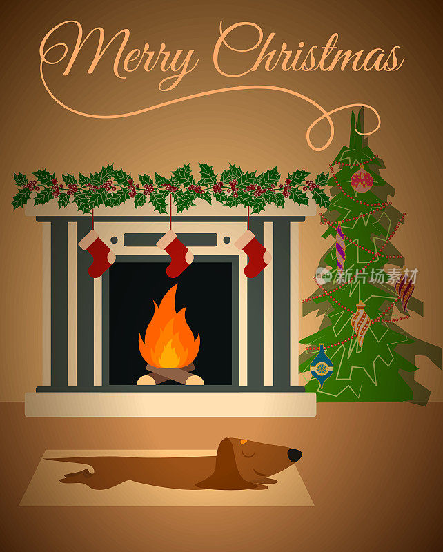 圣诞卡片:小狗正在壁炉旁边的地毯上睡觉，地毯上装饰着冬青、袜子和圣诞树