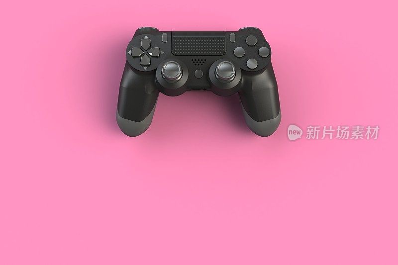 电脑游戏的竞争。游戏的概念。黑色操纵杆，粉色背景，3D渲染