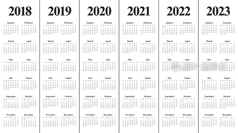 2018年2019年2020年2021年2022年2023年日历矢量