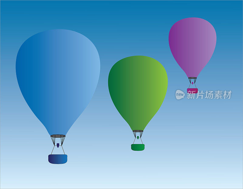 蓝色天空中的一组彩色的热气球