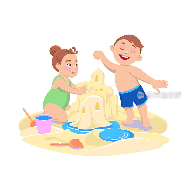 卡通女孩和男孩在沙滩上玩沙子