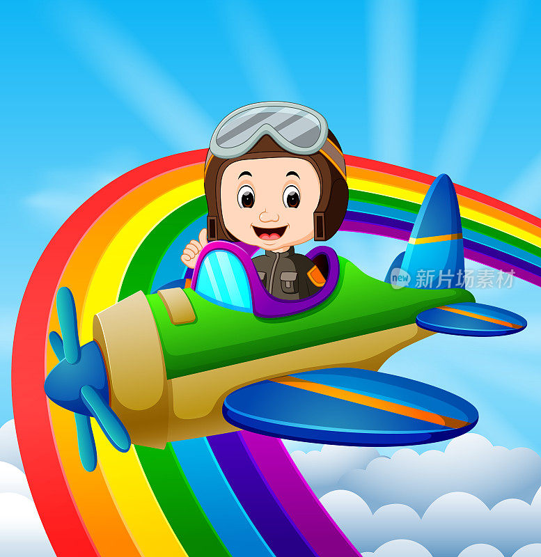 可笑的飞行员驾驶飞机飞过彩虹
