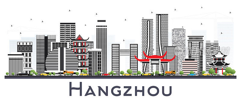 中国杭州城市天际线与灰色的建筑物孤立在白色。