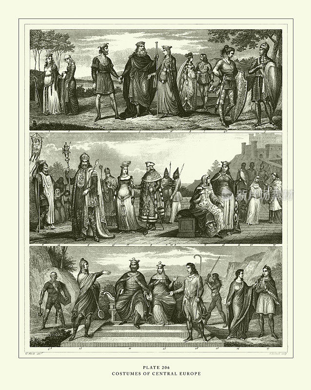 雕刻古董，中欧服装雕刻古董插图，1851年出版