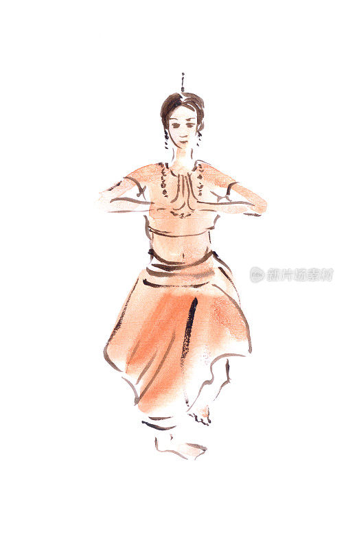 印度舞者原创东方风格水彩素描。