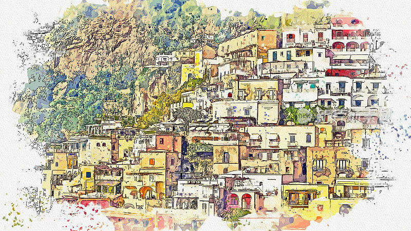 意大利著名地标阿马尔菲小镇索伦托的水彩画。