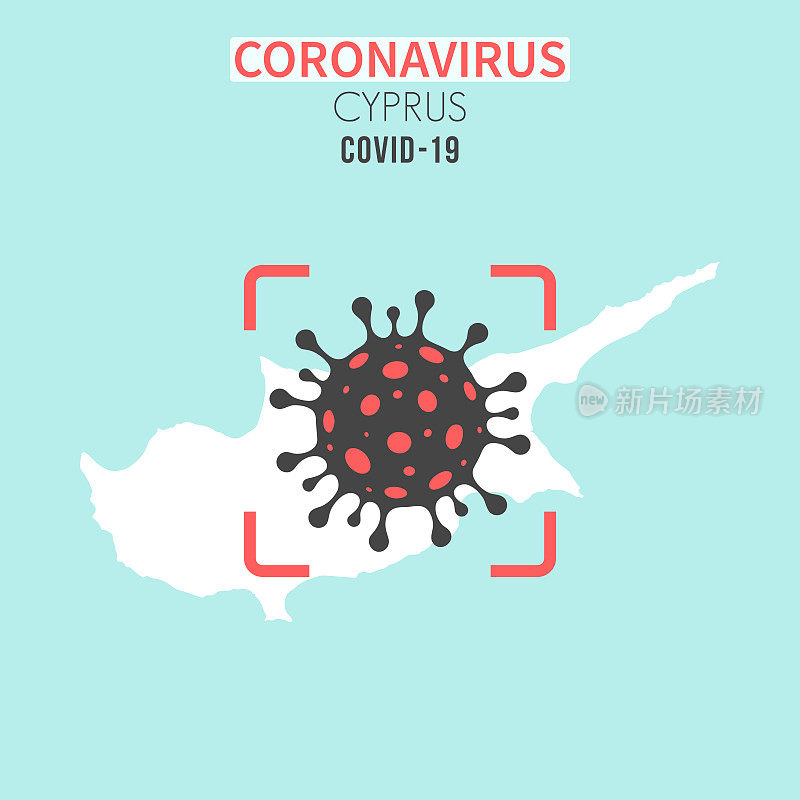 塞浦路斯地图，红色取景器显示冠状病毒(COVID-19)细胞