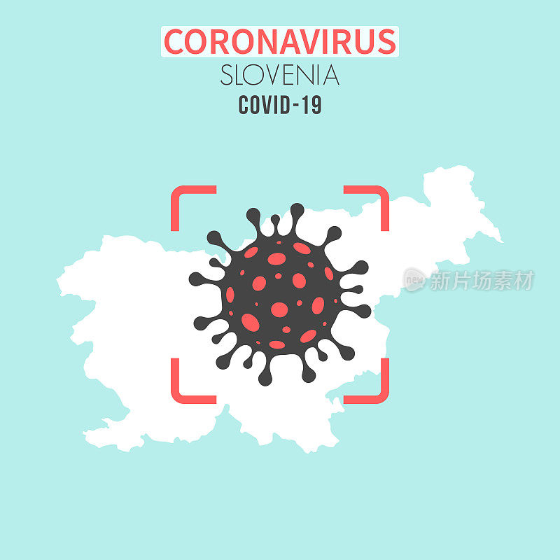 斯洛文尼亚地图，红色取景器为冠状病毒细胞(COVID-19)