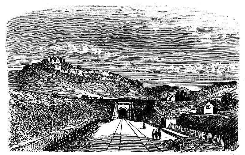 科学发现、实验和发明的古董插图:铁路建设隧道
