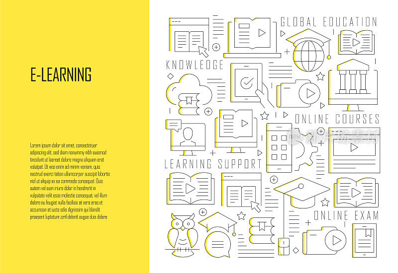 E-Learning相关线设计风格网页横幅矢量插图