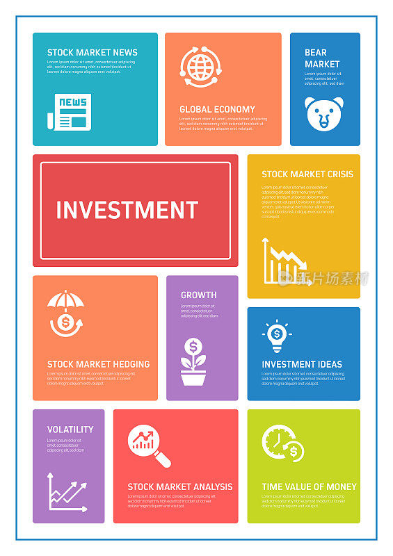 投资相关流程信息图模板。过程时间图。使用线性图标的工作流布局