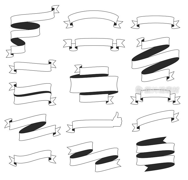 一套丝带，横幅(轮廓，线条艺术)-设计元素在白色的背景