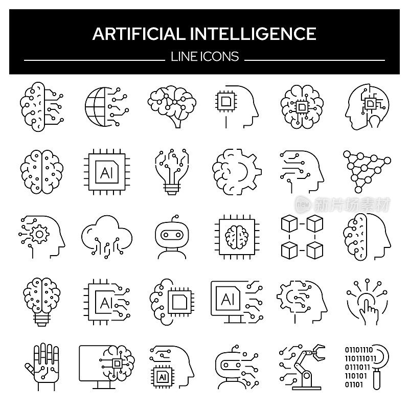 一组人工智能相关的线条图标。轮廓符号集合，可编辑的描边