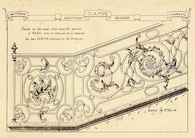 华丽的栏杆，维多利亚建筑细节，建筑艺术版画，19世纪
