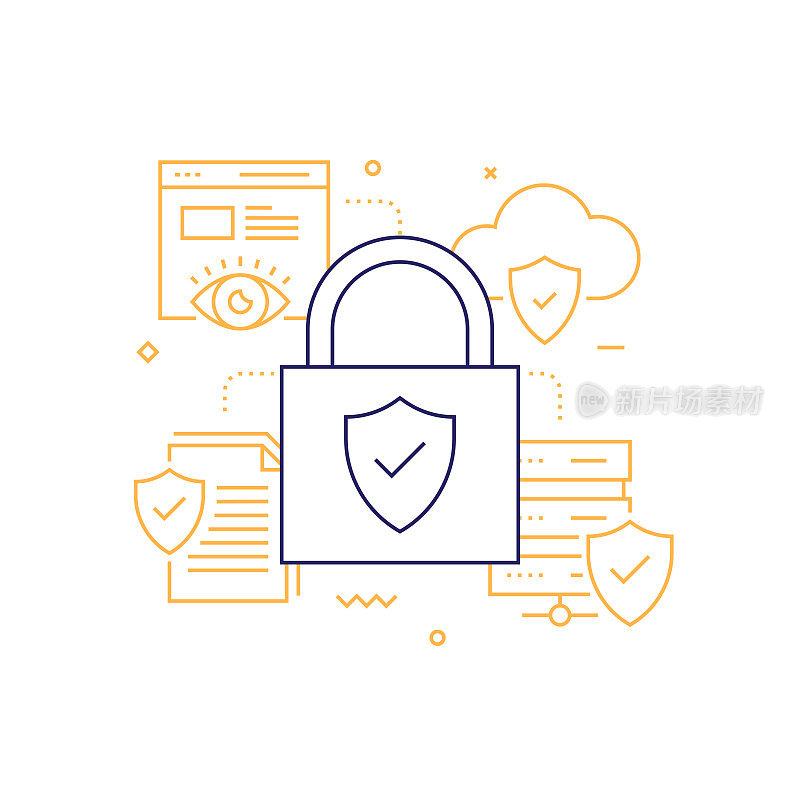 网络安全、数据安全相关线路图标。矢量轮廓符号插图。