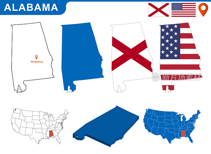 美国阿拉巴马州的地图和旗帜。