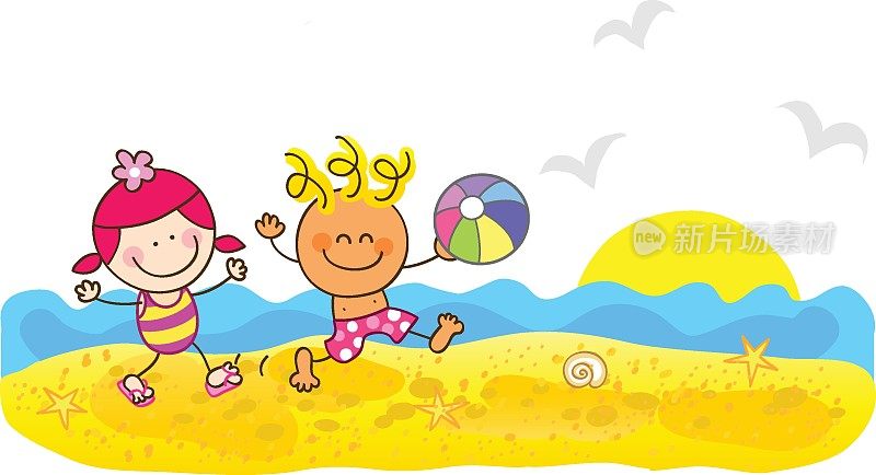 海滩上的孩子们夏天快乐