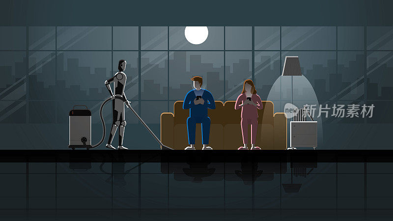 机器人人工智能机制打扫和女佣的房子24小时在黑暗和满月与人。一对男女坐在沙发上，在客厅里使用智能手机。