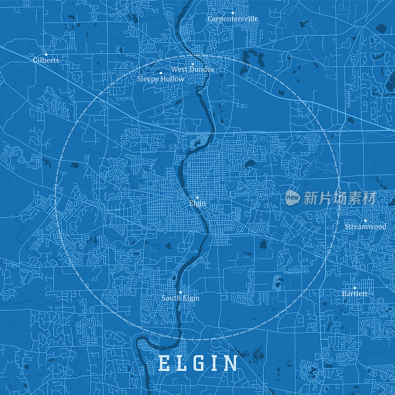 埃尔金IL城市矢量路线图蓝色文本