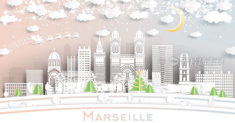 法国马赛城市天际线剪纸风格与雪花，月亮和霓虹灯花环。