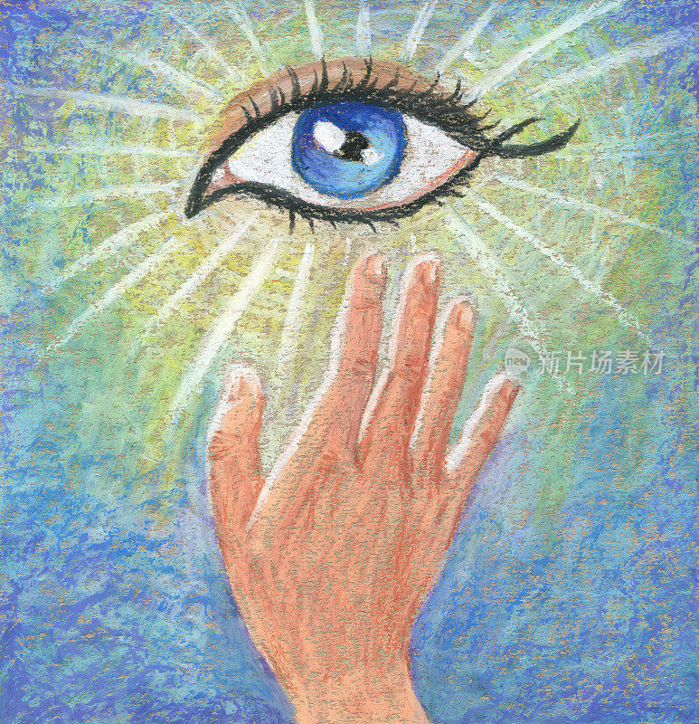 手绘粉彩精神海报。象征着启迪、直觉和治愈。伸出第三只眼的手
