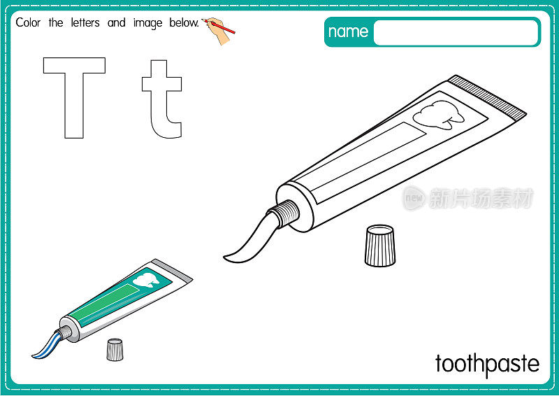 矢量插图的儿童字母着色书页与概述剪贴画，以颜色。字母T代表牙膏。