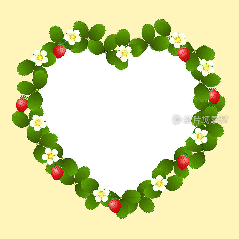 红色草莓、绿色叶子和白色花朵组成的花环框架