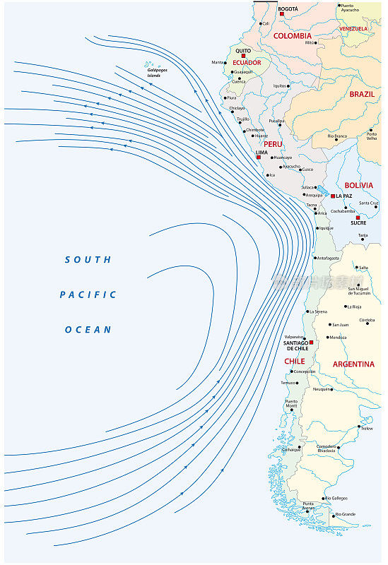 南美洲西海岸的洪堡或秘鲁海流地图