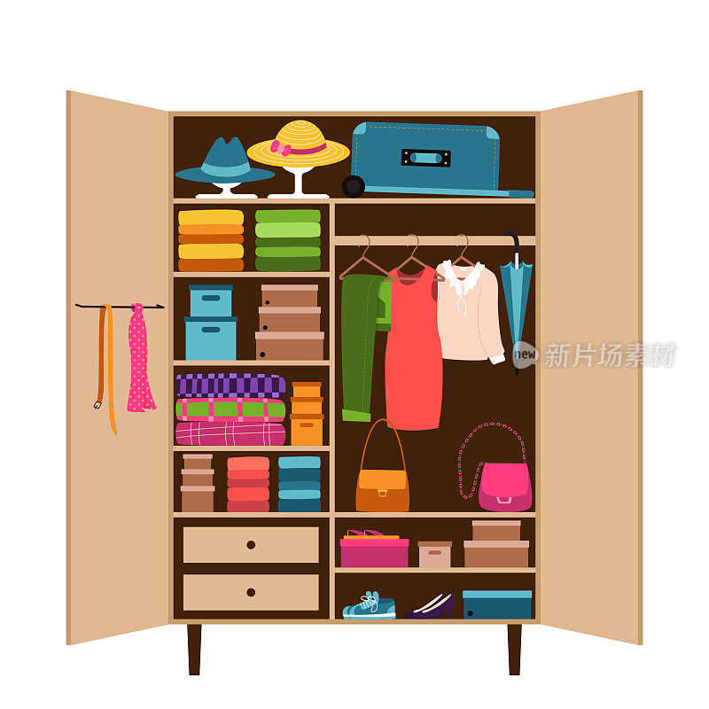 敞开的衣柜，衣服整齐地摆放在架子上。整理衣柜。壁橱里的东西挂在衣架上。合理消费，乱堆，分拣衣服。平面向量插图