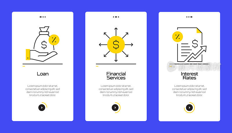 金钱概念入职手机应用程序页面屏幕与平面图标。UI设计模板矢量插图