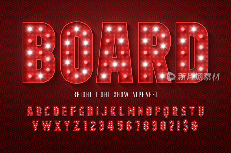 复古影院字母表设计，酒店，LED灯的字母和数字。