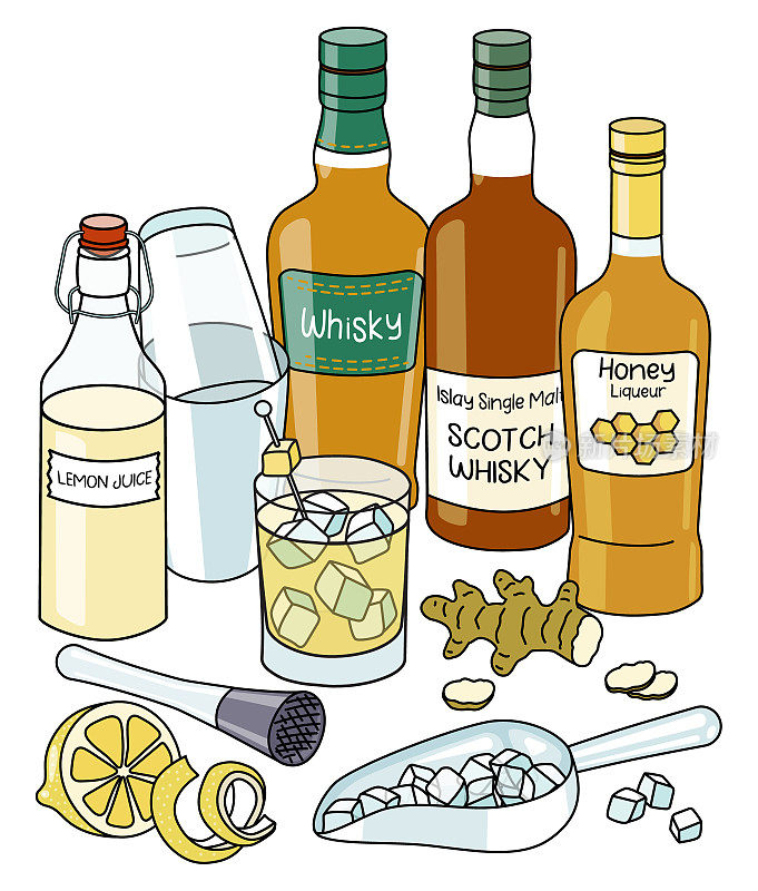 涂鸦卡通盘尼西林鸡尾酒和成分组成。两种苏格兰威士忌，蜂蜜酒，柠檬汁，柠檬和姜。为酒吧菜单，贴纸或酒精烹饪书食谱。