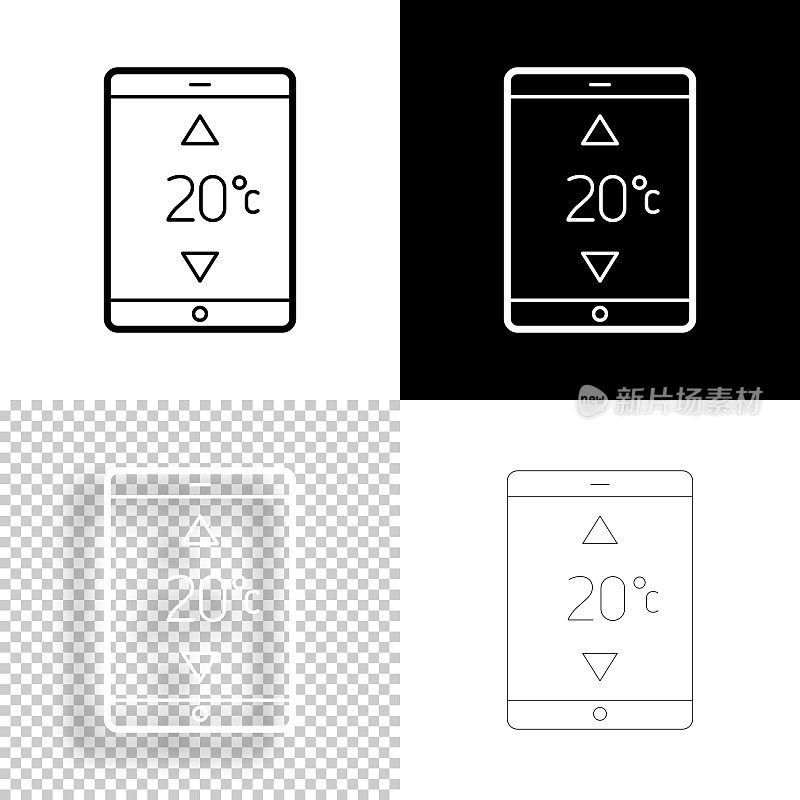 带加热控制的平板电脑。图标设计。空白，白色和黑色背景-线图标