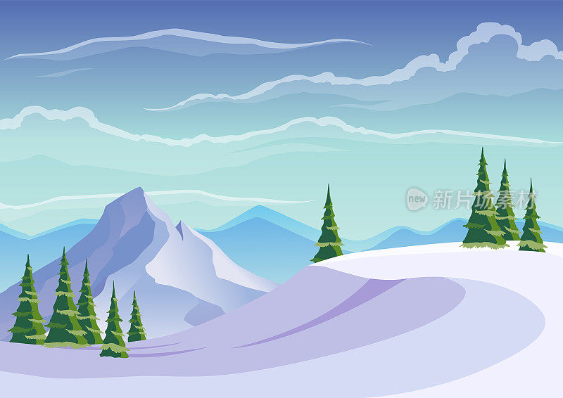滑雪场景观。蓝山冬季雪景与雪和松树林的前景。山峰和旅游背景