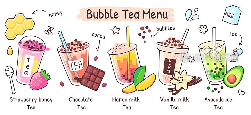 珍珠奶茶菜单，不同口味的珍珠饮料。夏日冰茶配珍珠奶茶，台湾珍珠奶茶饮品店矢量插图