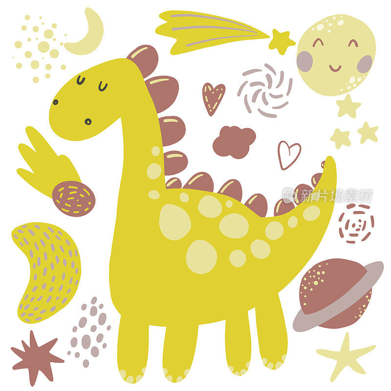 可爱的太空恐龙。有趣的恐龙宇航员。在外太空的恐龙。矢量手绘彩色儿童插图。婴儿打印。幼儿园设置