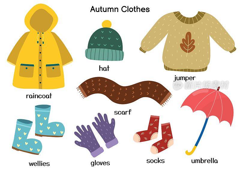 秋季服装套装有雨衣、套头衫、帽子、雨靴