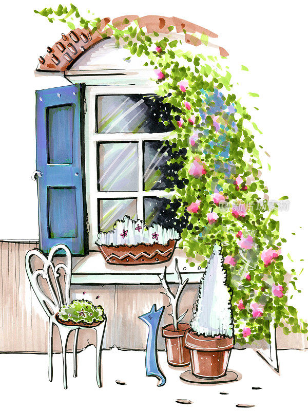素描插图与标记城市舒适的街道欧洲窗口与绿色植物florisica装饰盆栽植物