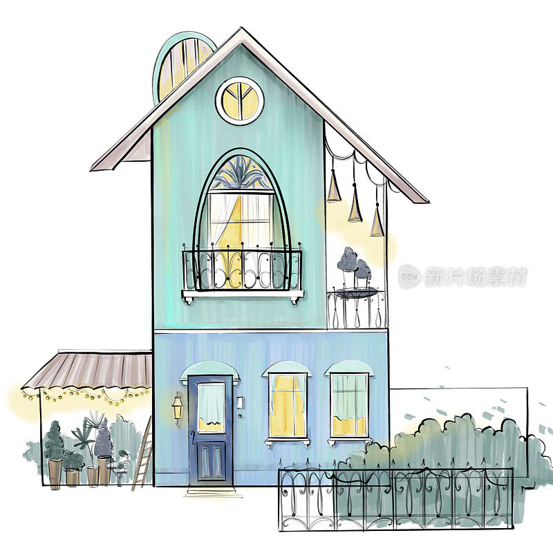 插画设计建筑舒适的欧洲住宅郊区，露台和植物光在白色背景上的绿松石窗户