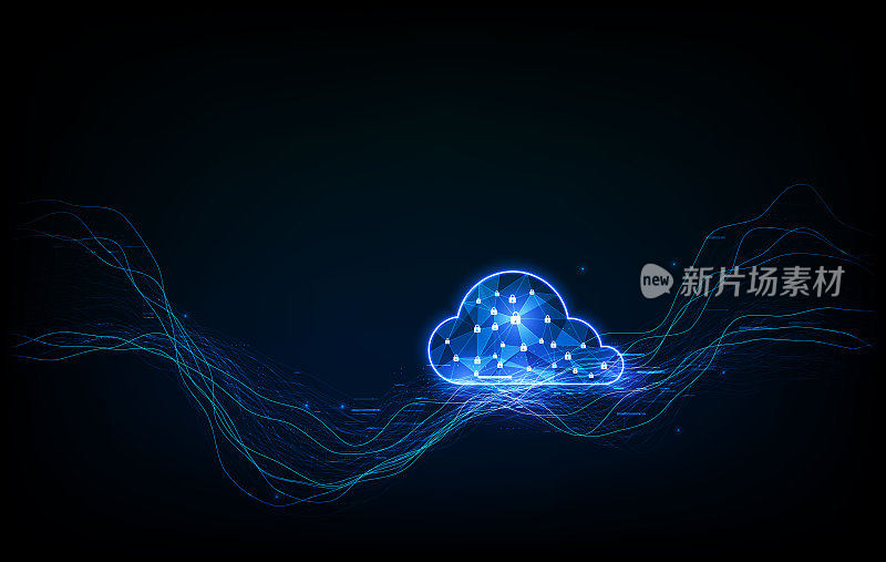 云技术。多边形线框云存储标志与上深蓝色。云计算、大数据中心、未来基础设施、数字ai概念。虚拟主机的象征