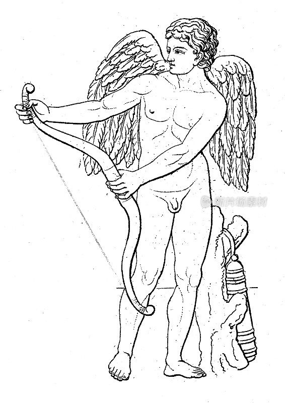 古董雕刻插画，文明:希腊罗马诸神与神话，爱神(丘比特)