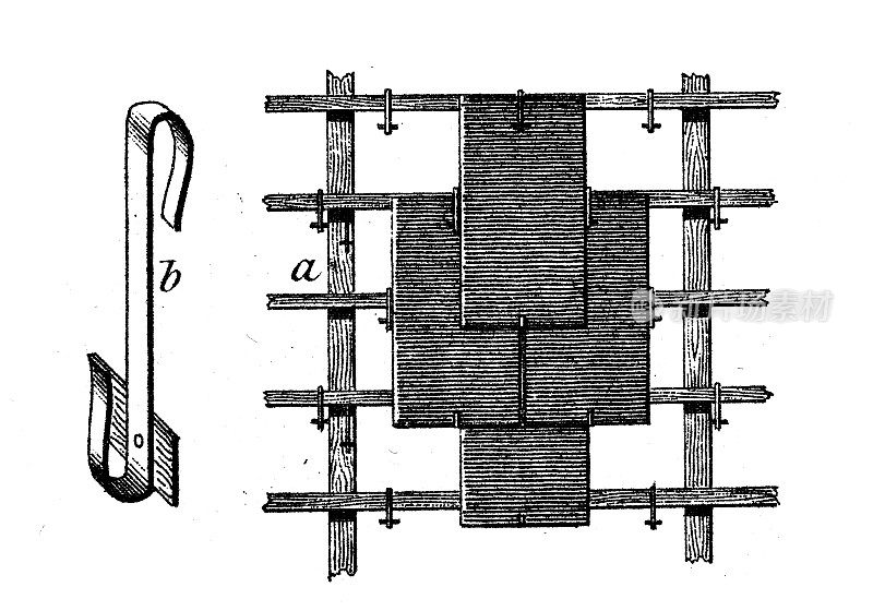 古董插图:建筑和建筑:屋顶瓦片