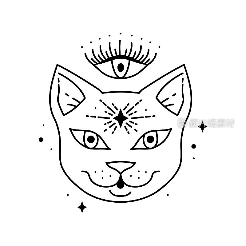 神奇的波西米亚猫符号。吉普赛的神圣元素和标志波西米亚风格。