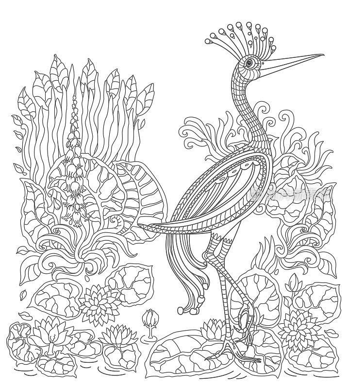童话仙鹤鸟，梦幻湖水花草。成人和儿童的涂色书页。黑与白