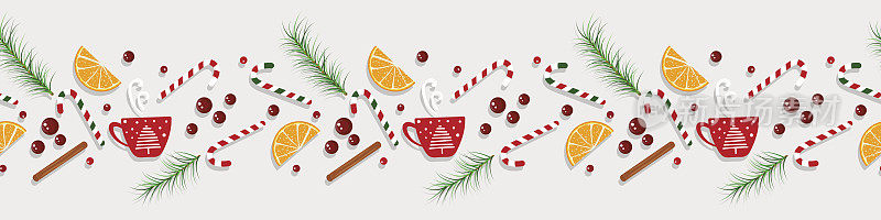 圣诞节，新年快乐的边界无缝的图案，传统圣诞食物假日屋背景肉桂棒，糖果拐杖，巧克力或咖啡杯，橘子水果，