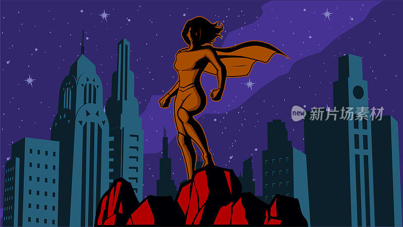 矢量复古肌肉女超级英雄剪影海报矢量在一个城市插图