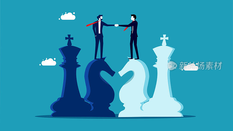 谈判策略。商人与国际象棋骑士握手