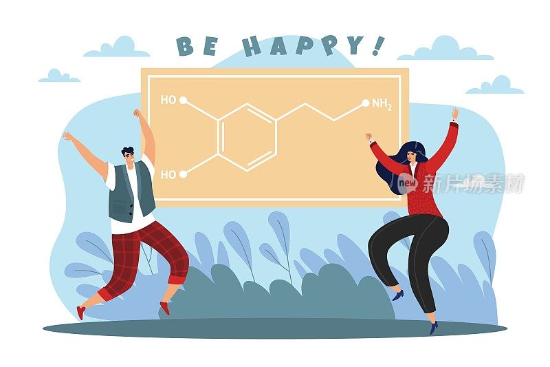 化学快乐，多巴胺激素和神经递质的有机符号。幸福的男女跳来跳去，爱情和快乐的感觉。矢量卡通平面概念