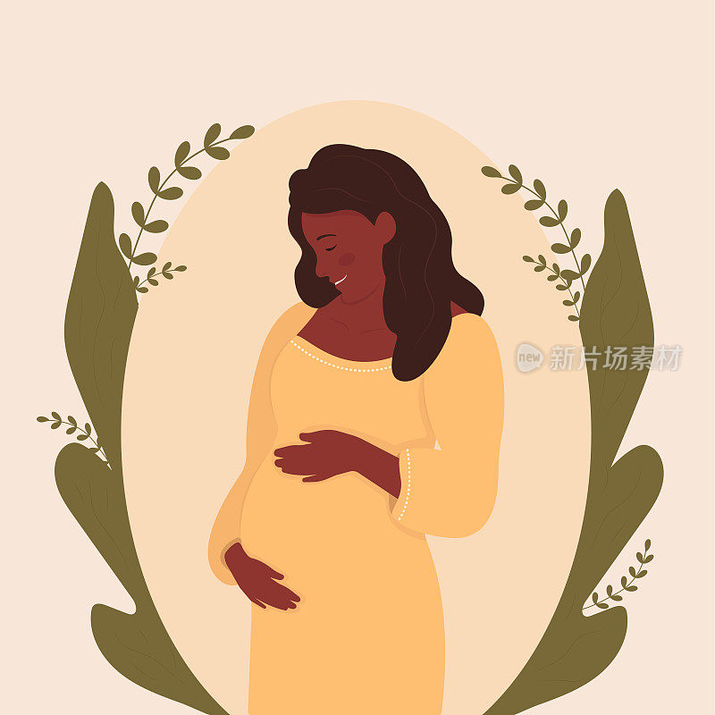 生育和为人父母的概念。这位准妈妈用手抱着肚子。横幅上写着怀孕和做母亲的快乐。矢量插图。